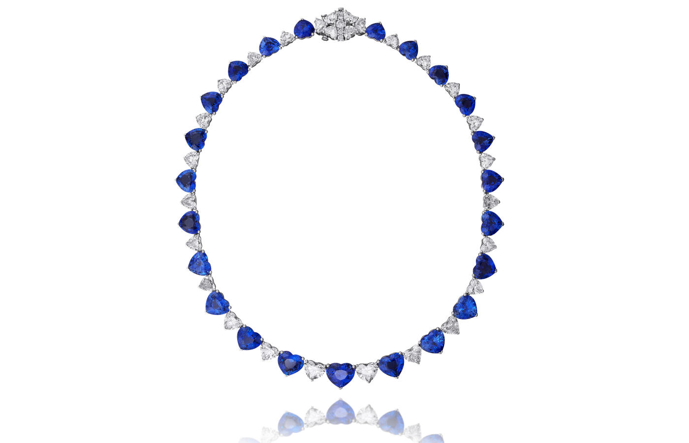  Picchiotti necklace with alternating heart-shaped Sri Lankan sapphires ranging from 6.52 carats to 2.35 carats and heart-shaped diamonds of more than 20 carats, including two gems of 2.35 carats and 2.12 carats