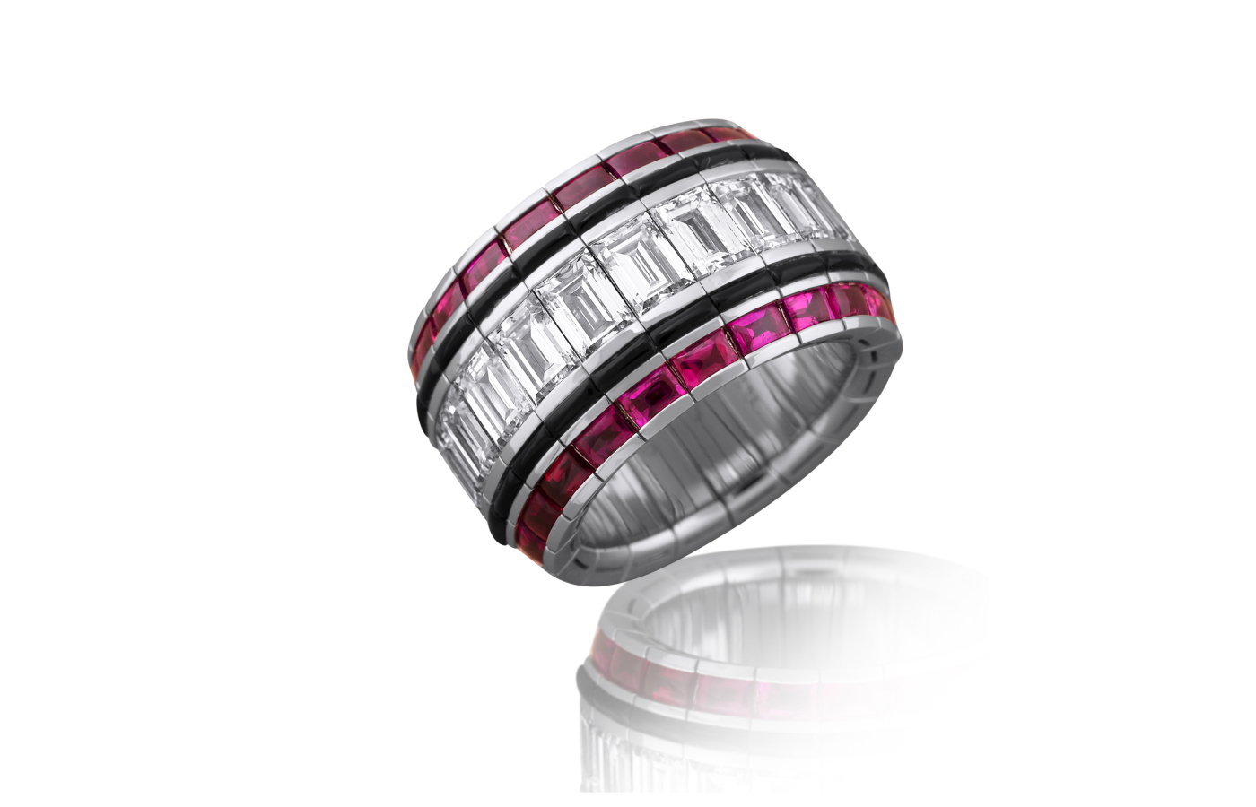  Picchiotti Xpandable ring with 11 baguette-cut diamonds totalling 4.46 carats, 22 buff top rubies weighing 2.57 carats, and onyx set in 18k white gold 
