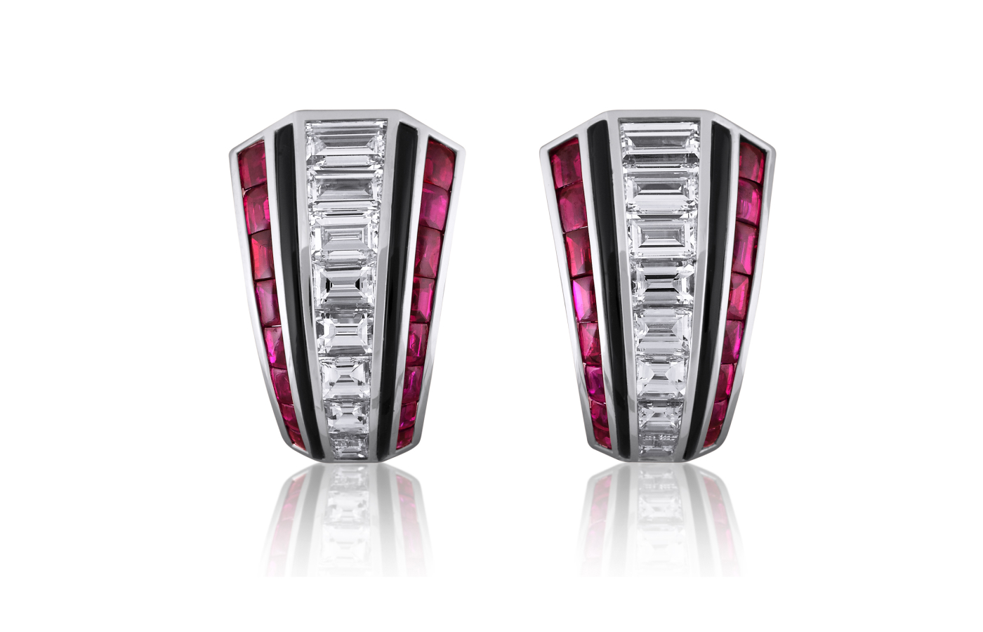  Picchiotti earrings with 32 buff top Burmese rubies weighing 3.25 carats, onyx and baguette-cut diamonds, set in 18k white gold   