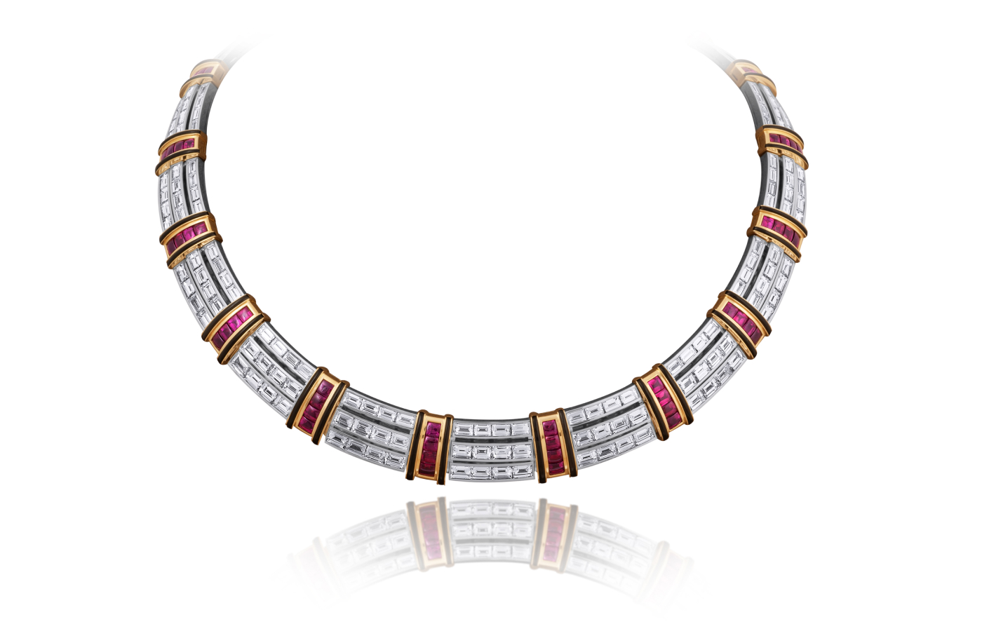  Picchiotti necklace with 228 baguette-cut diamonds totalling 39.85 carats, 14.19 carats of buff top rubies, and onyx, set in 18k white and yellow gold  