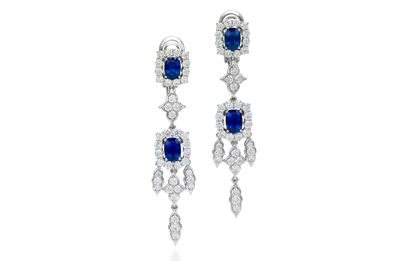  Picchiotti earrings with four cushion-cut Sri Lankan sapphires totalling 4.31 carats and 5.27 carats of round diamonds, set in 18k white gold 