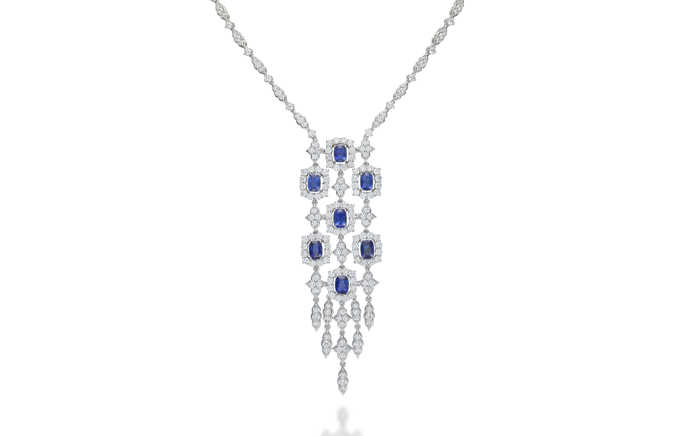 Picchiotti necklace with 8.64 carats of cushion-cut sapphires and 14.41 carats of round diamonds in 18k white gold 