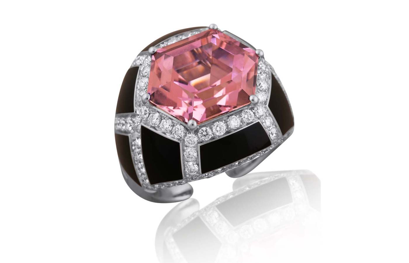  Picchiotti ring with an 8.90 carat unheated tourmaline, 1.59 carats of round diamonds, and black ceramic in 18k white gold  