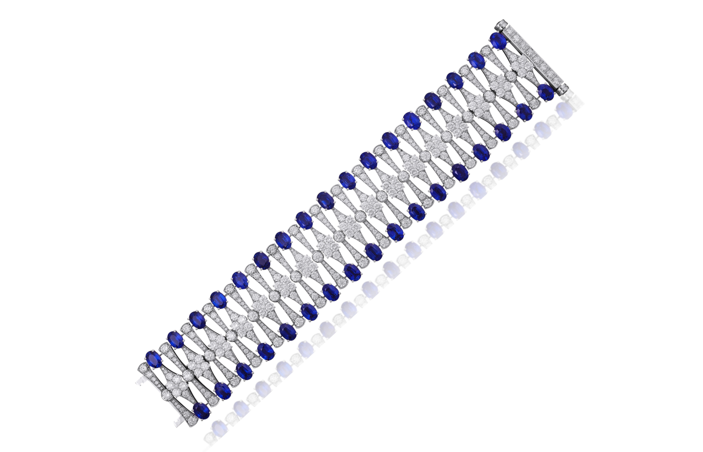  Picchiotti bracelet with 34 oval-shaped sapphires from Madagascar totalling 37.99 carats and 22.63 carats of round diamonds set in 18k white gold 