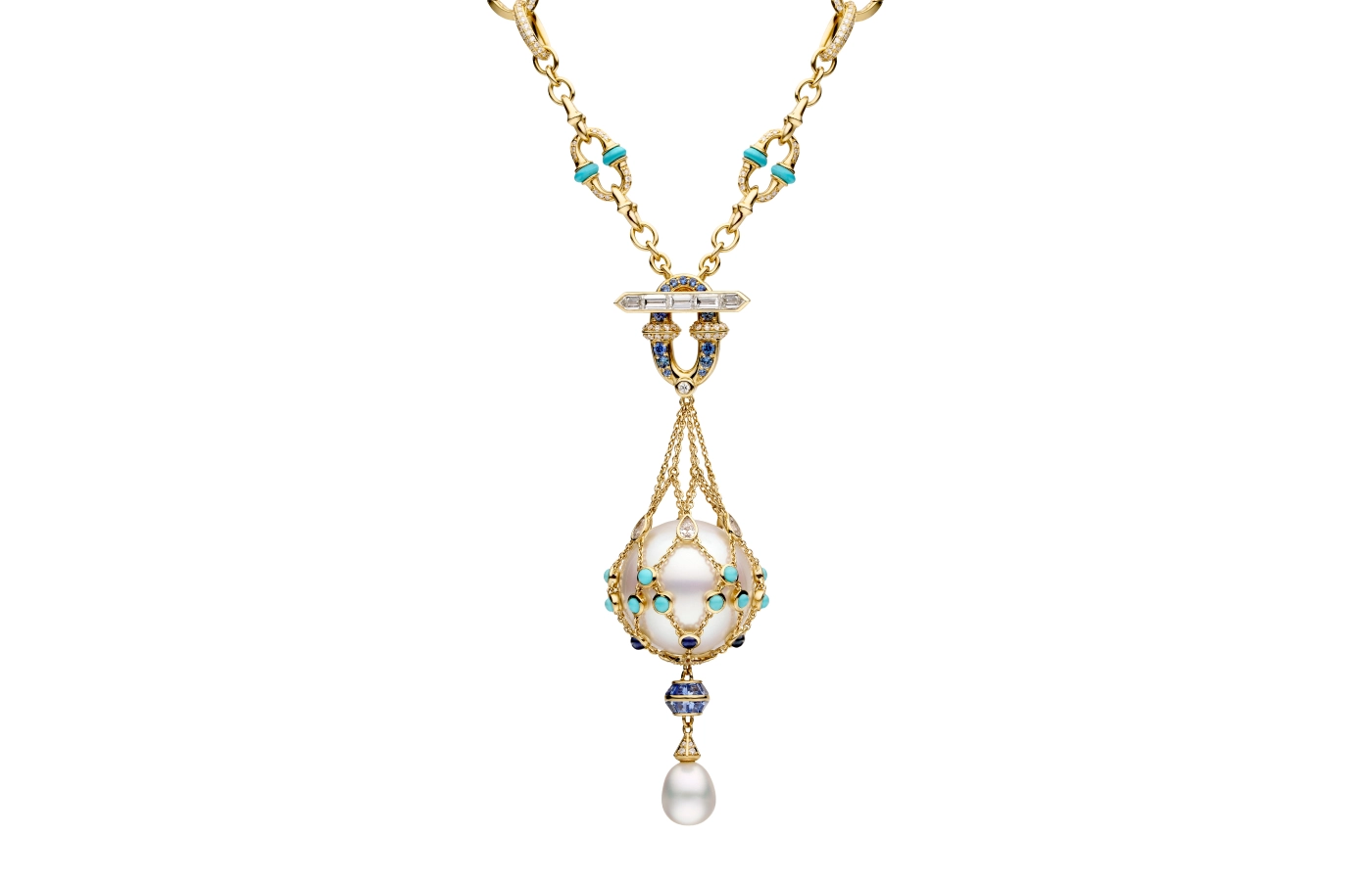 Paspaley Turquoise Anchored Lavalier pearl necklace with an 8mm Keshi baroque Australian South Sea pearl, white diamonds, turquoise, blue sapphire and rainbow moonstone, set in 18k yellow gold  