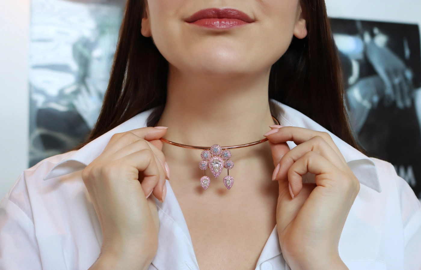 Katerina Perez wears a necklace with osmium from the Collection du Palais by Tania Chano