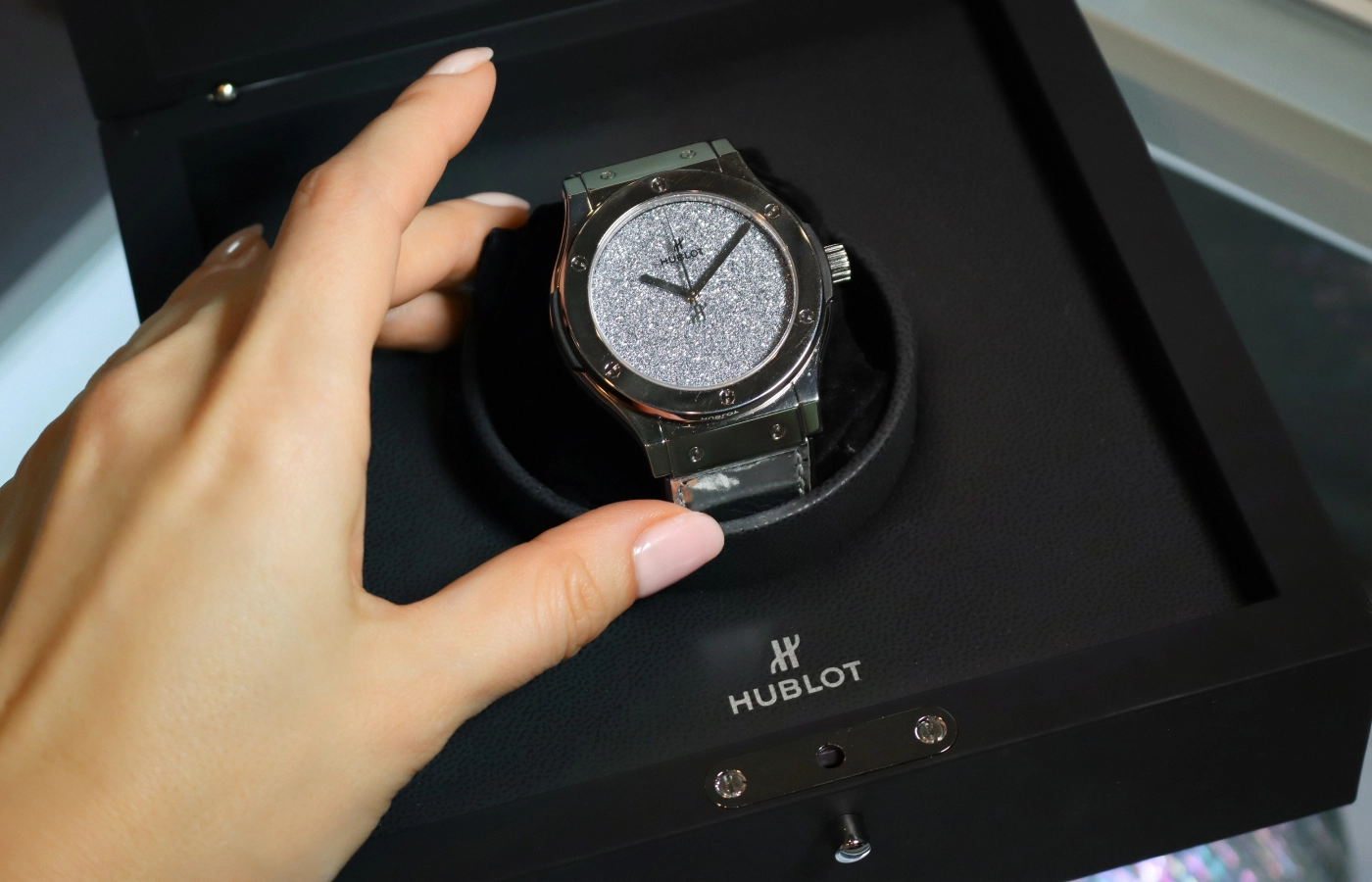  A Hublot watch in which the dial is crafted from a round disc of crystalline osmium