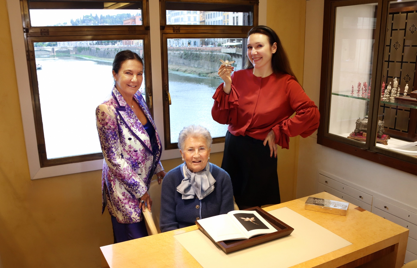Fratelli Piccini CEO Elisa Tozzi Piccini with her mother Laura Piccini and Katerina Perez holding a Dragonfly brooch
