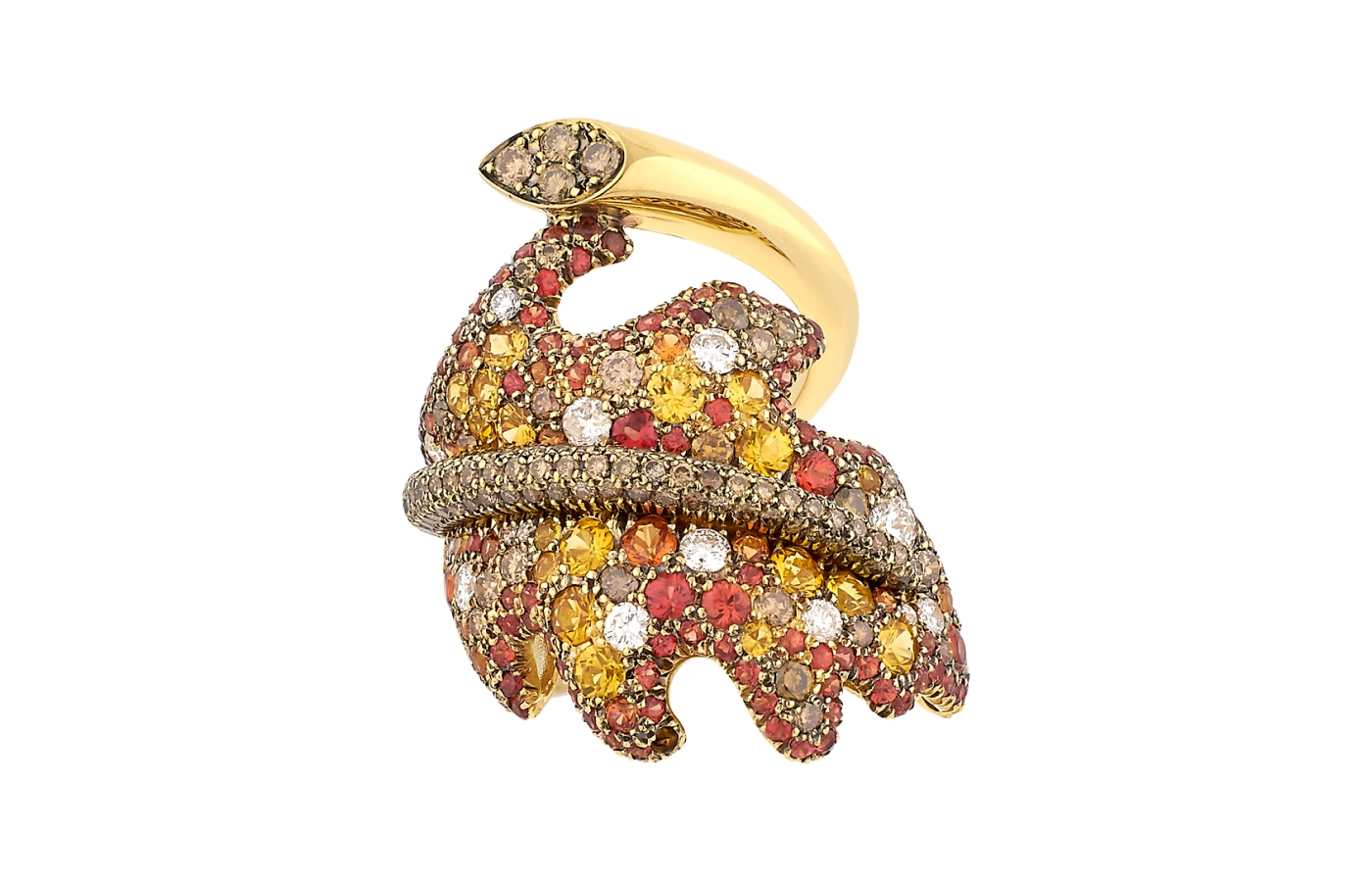  Fratelli Piccini Sifilide ring with white and brown diamonds and sapphires in 18k yellow gold
