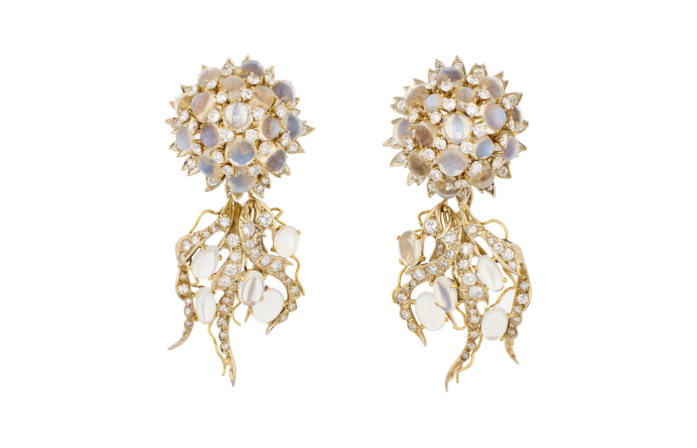  Fratelli Piccini Jellyfish earrings with moonstone and diamonds in 18k yellow gold 