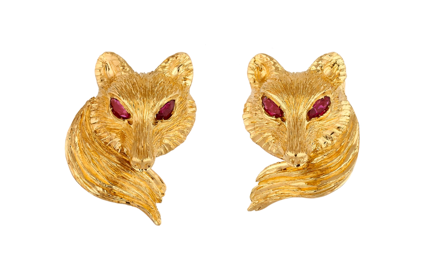  Fratelli Piccini Fox Lady embossed and sculpted earrings in 18k yellow gold with rubies