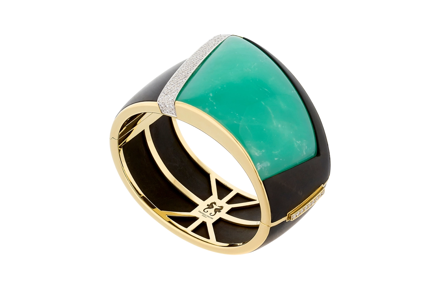  Fratelli Piccini Amazonia cuff, designed in art deco style, with ebony, chrysoprase, and diamonds in 18k yellow gold