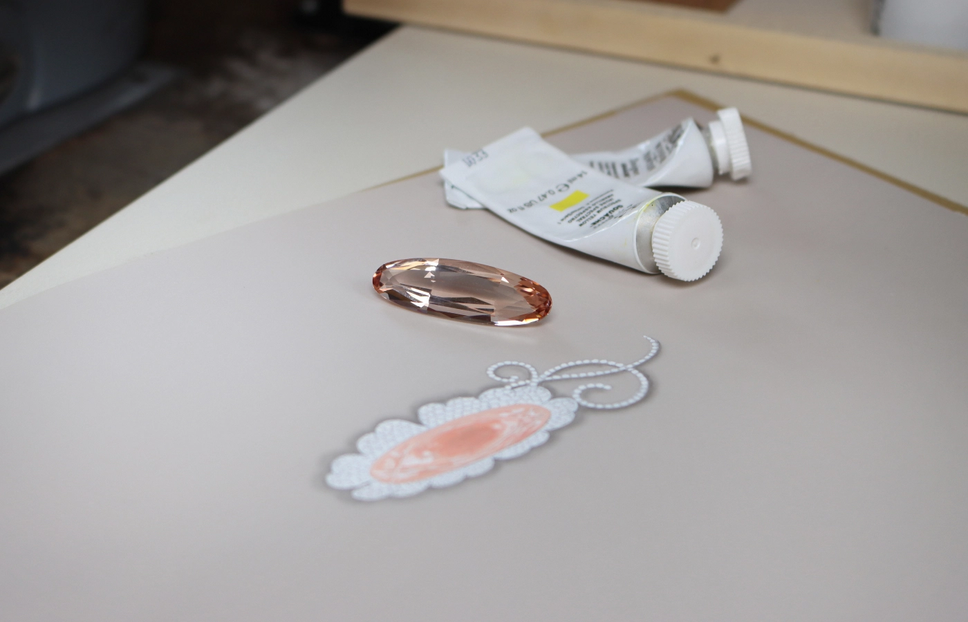 Close up of oval morganite kept with its gouache
