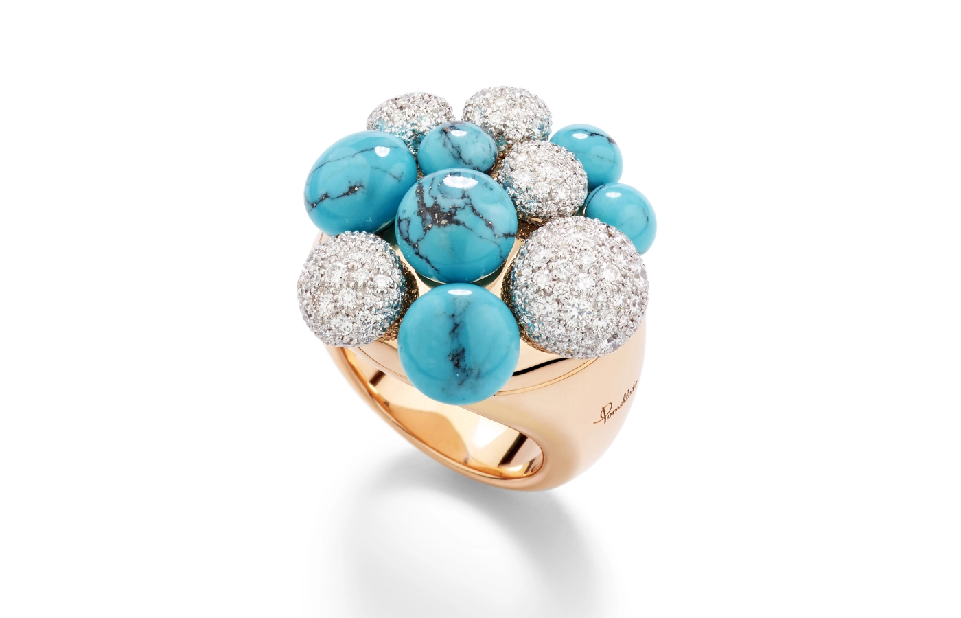  Mora ring by Pomellato featuring a cluster of turquoise and diamonds set in rose gold 
