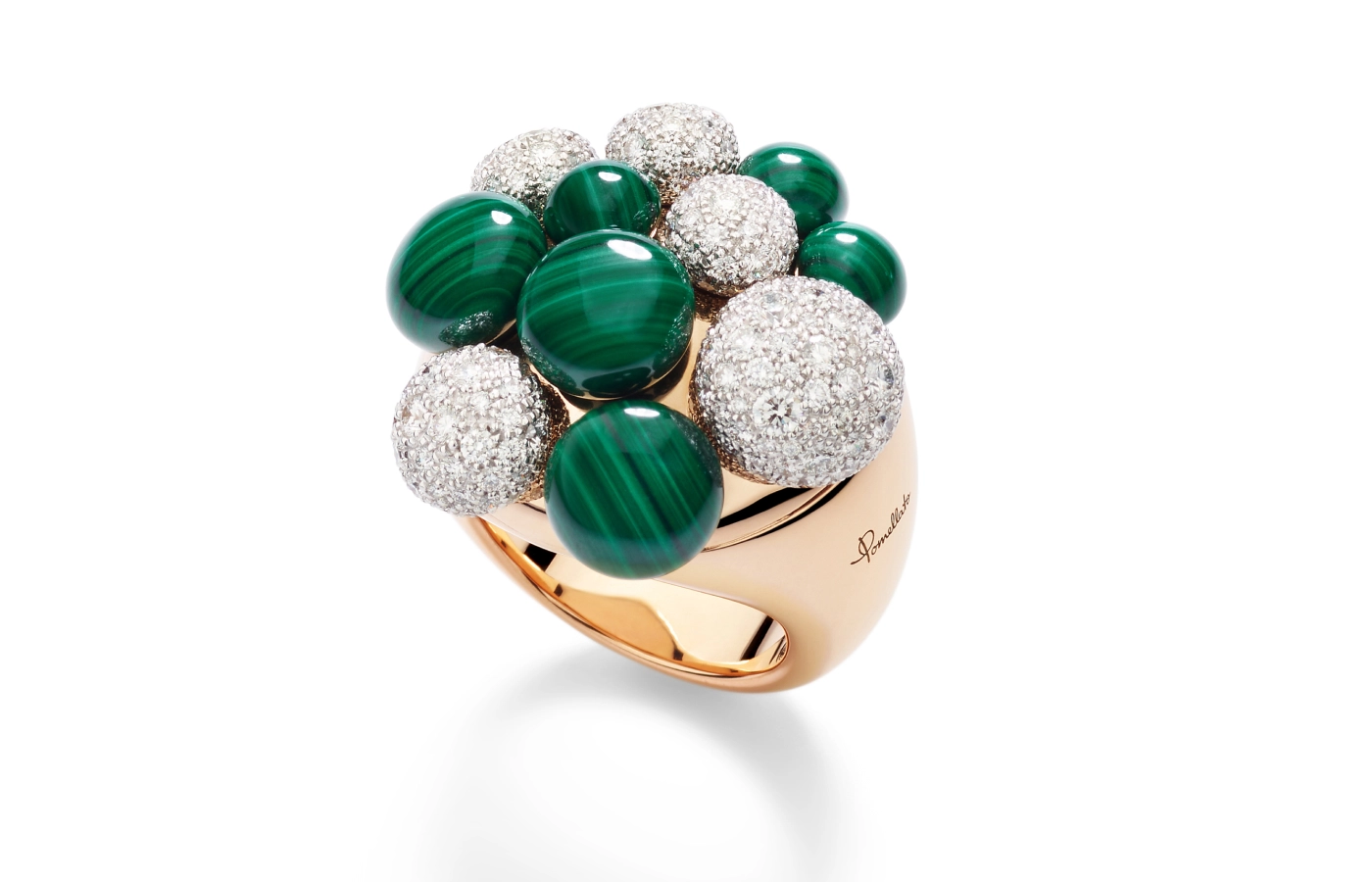  Mora ring by Pomellato featuring a cluster of malachite and diamonds set in rose gold 