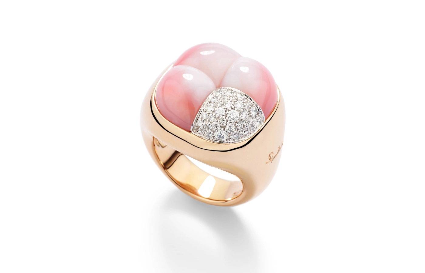  Mosaico ring by Pomellato with pink opal and diamonds set in rose gold