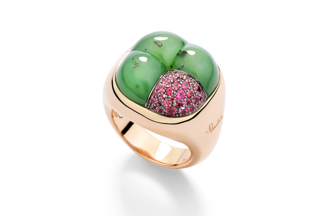 Mosaico ring by Pomellato with nephrite and pink spinels set in rose gold