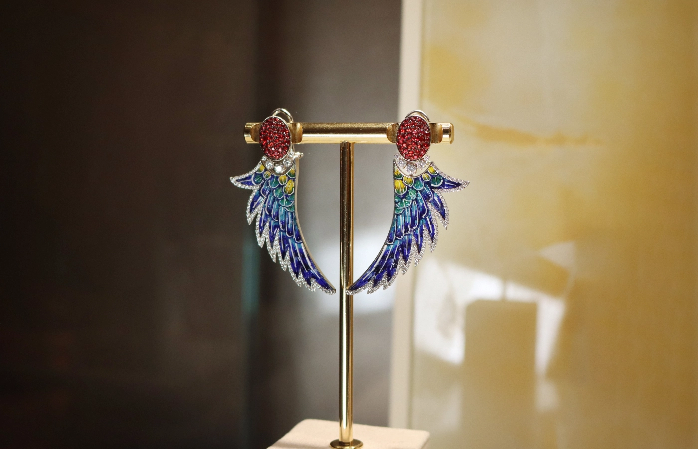 The Sicis Arara Scarlet earrings with multi-coloured micromosaic, diamonds and orange sapphires in 18k white gold 