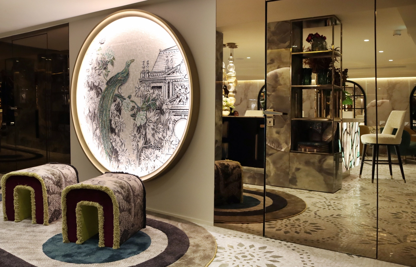  The beautiful interior furnishings at the Sicis Paris boutique in shades of grey, stone, moss green, brown, teal, gold and pewter