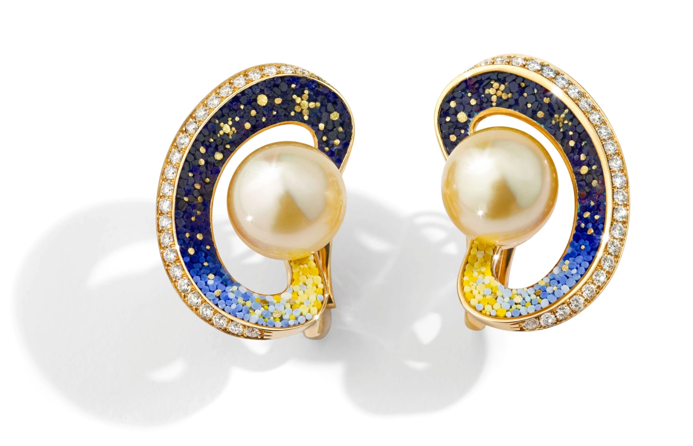  Sicis Saturno earrings with South Sea pearls, white diamonds and colourful micromosaics in 18k yellow gold    