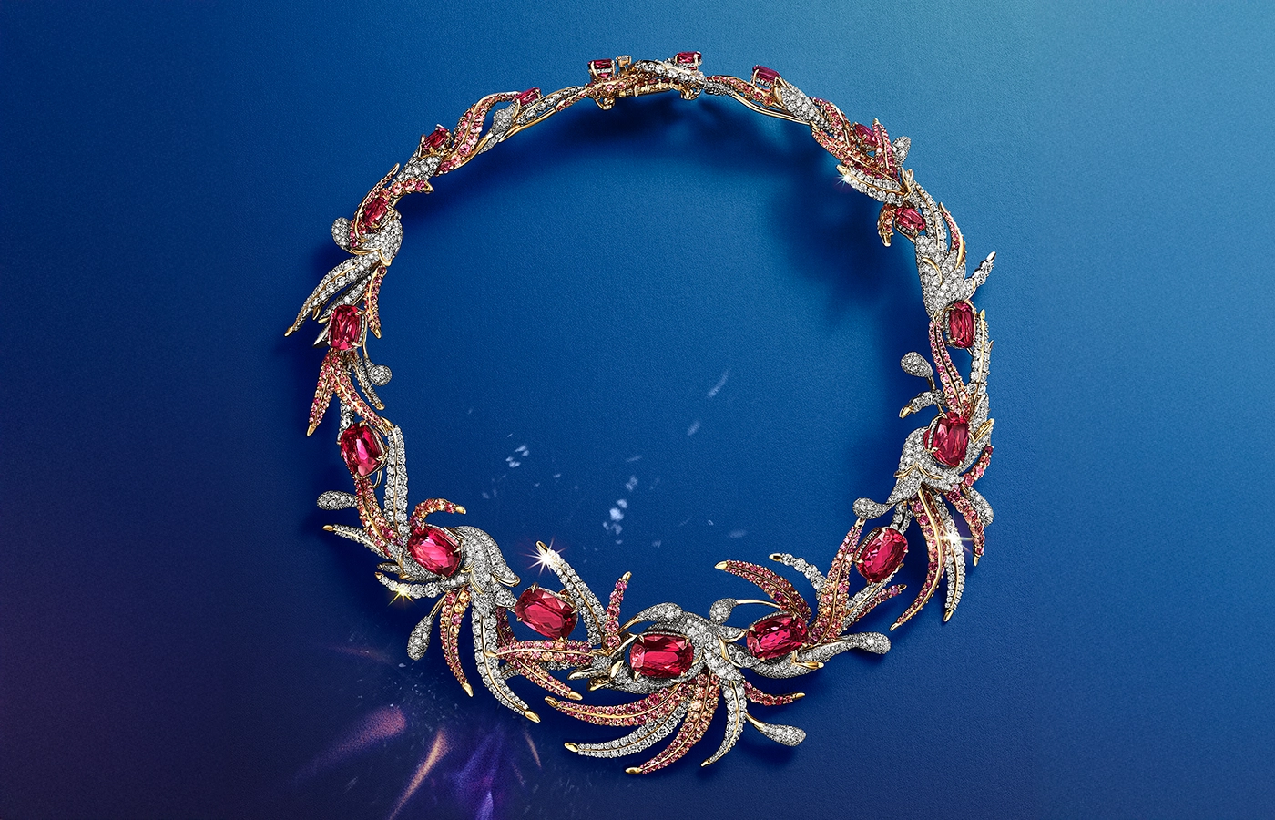  Tiffany Céleste Phoenix necklace, set with more than 73 carats of rubellites, Umba sapphires and diamonds in platinum and 18k yellow gold, from the Blue Book 2024
