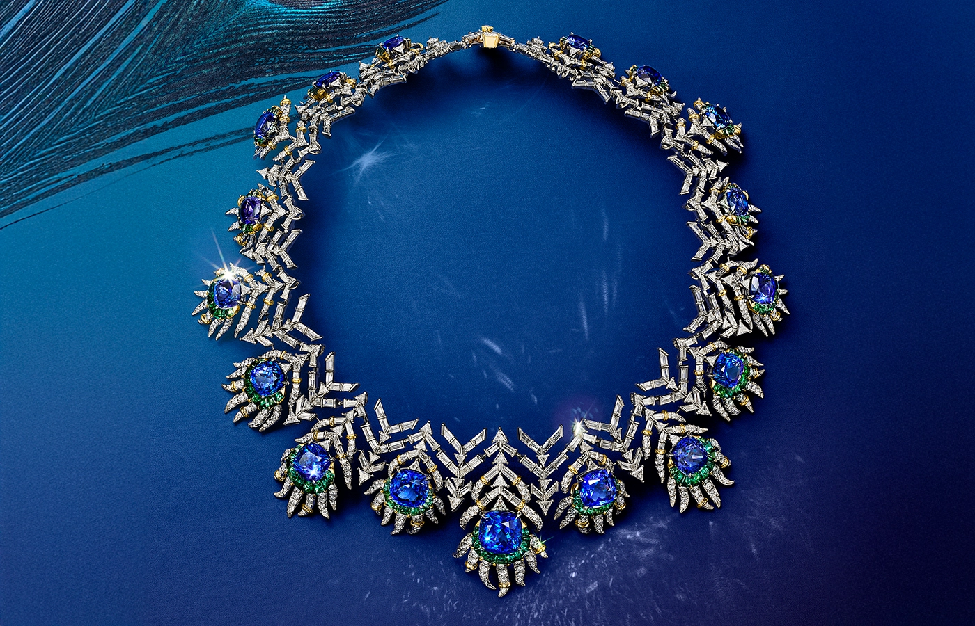 Tiffany Céleste Peacock necklace, set with 17 cushion-cut tanzanites of over 108 carats, green tourmalines and diamonds in platinum, from the Blue Book 2024