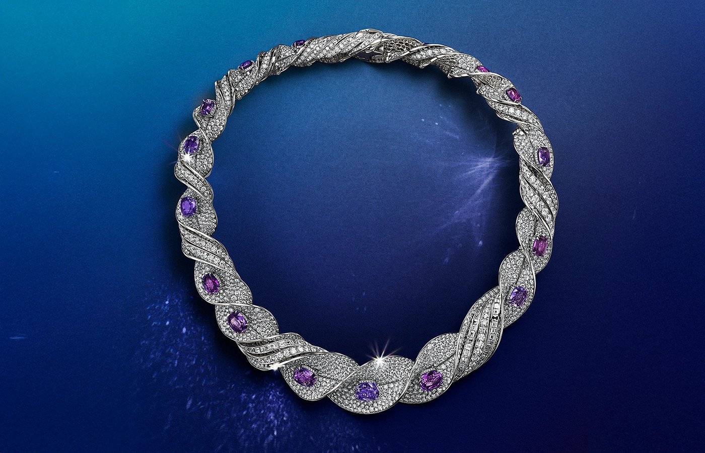  Tiffany Céleste Unicorn necklace, set with purple sapphires of over 24 total carats, pink sapphires and diamonds in platinum, from the Blue Book 2024