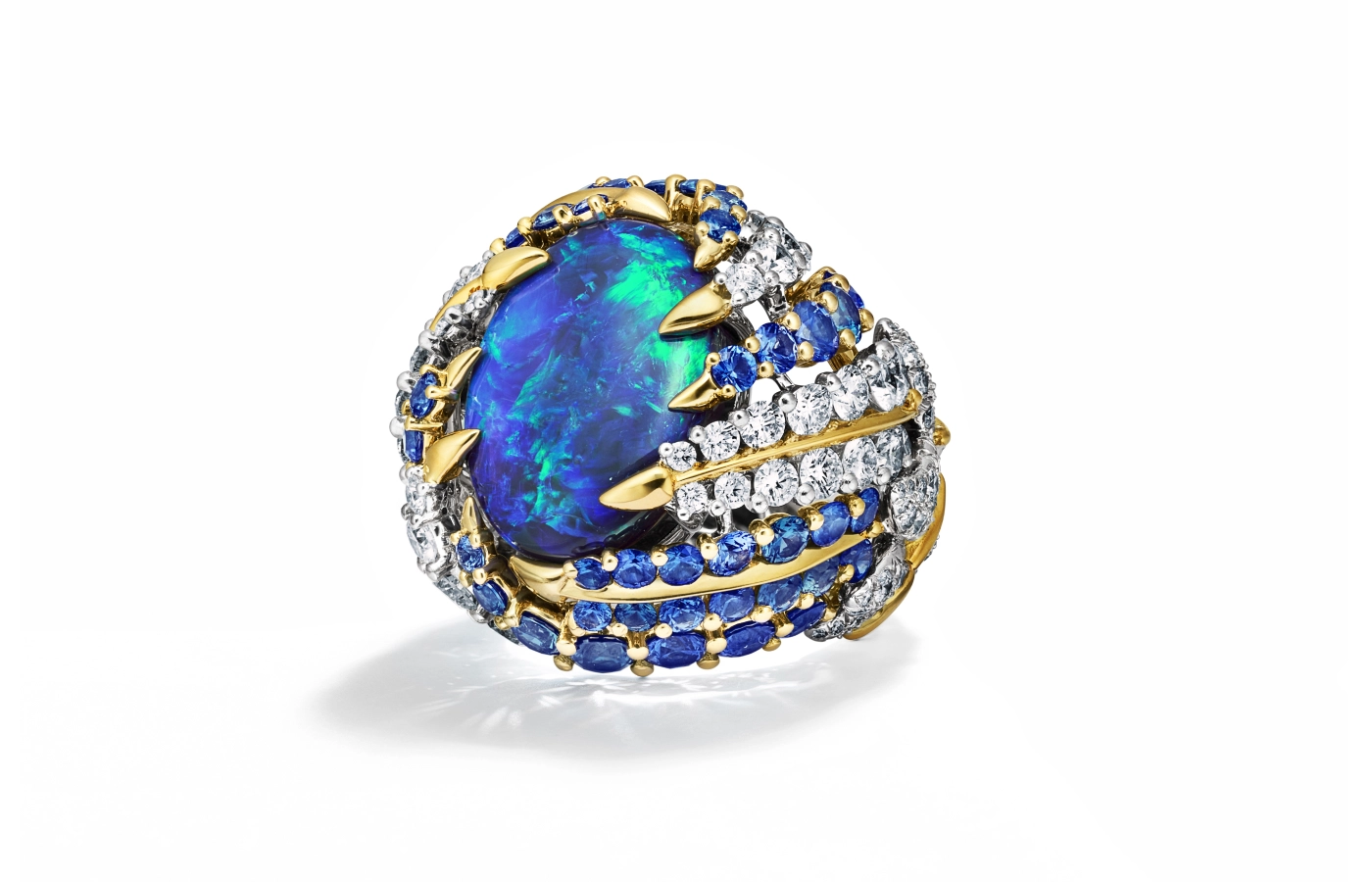  Tiffany Céleste Phoenix ring, set with a black opal of over 12 carats, sapphires and diamonds in platinum and 18k yellow gold, from the Blue Book 2024