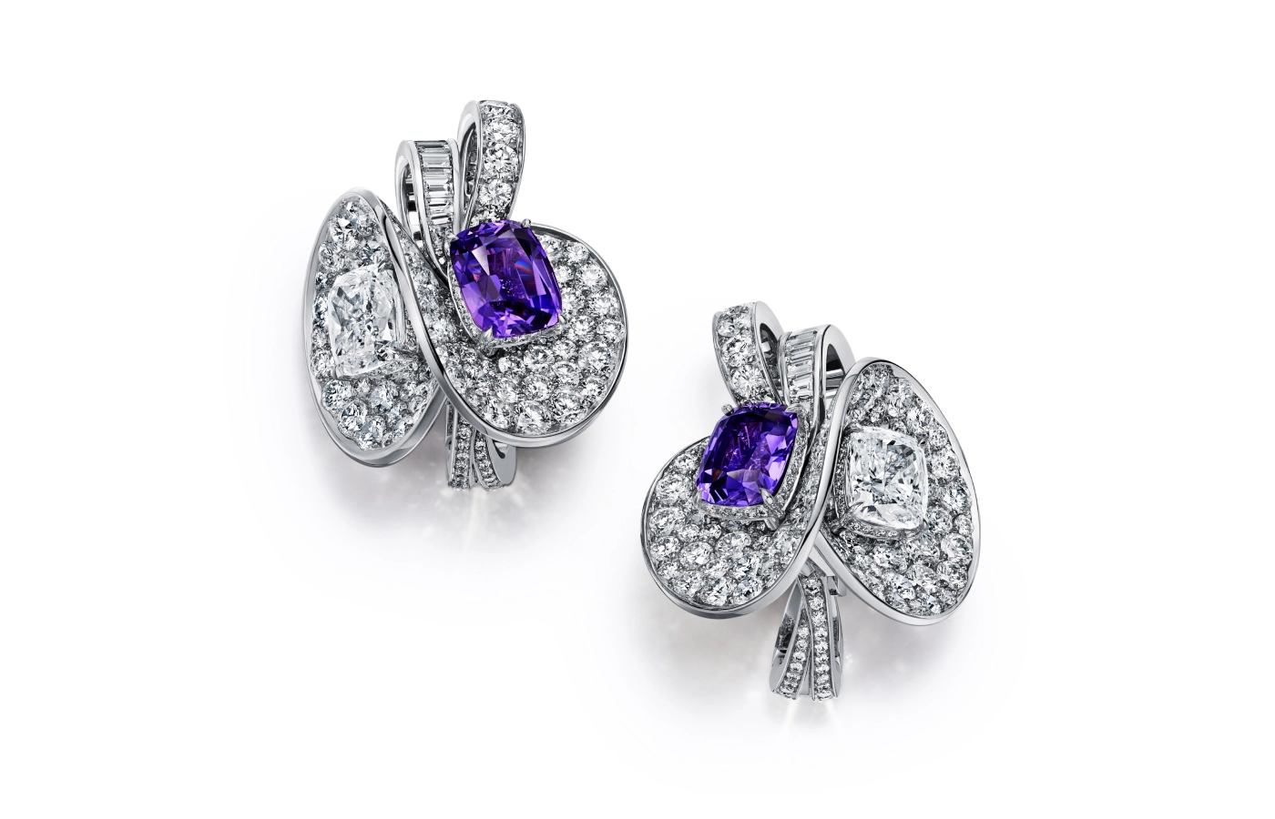  Tiffany Céleste Unicorn earrings, set with purple sapphires of over 4 carats and diamonds in platinum, from the Blue Book 2024