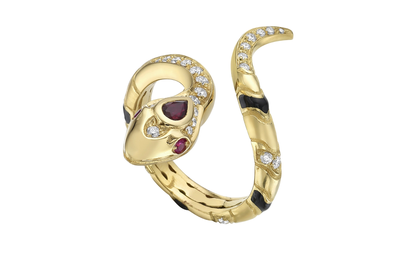 Lionheart Nouvelle Serpent Cuff ring with diamonds, rubies and black enamel in 18k yellow gold 