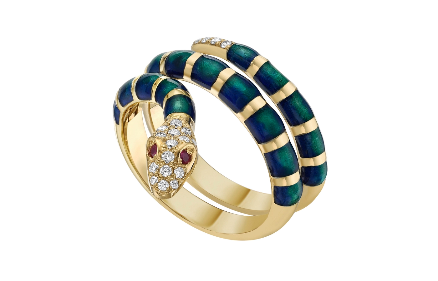  Lionheart Nouvelle Diamond Metallic Enamel Serpent Coil ring with diamonds, rubies and blue-green enamel in 18k yellow gold 