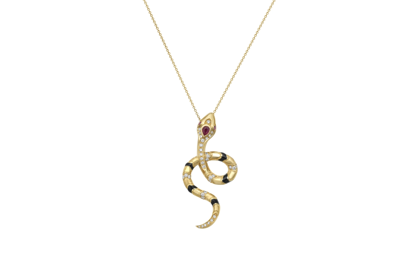  Lionheart Nouvelle Ruby Satin and Black Enamel Serpent Charm necklace with diamonds and rubies in 18k yellow gold 
