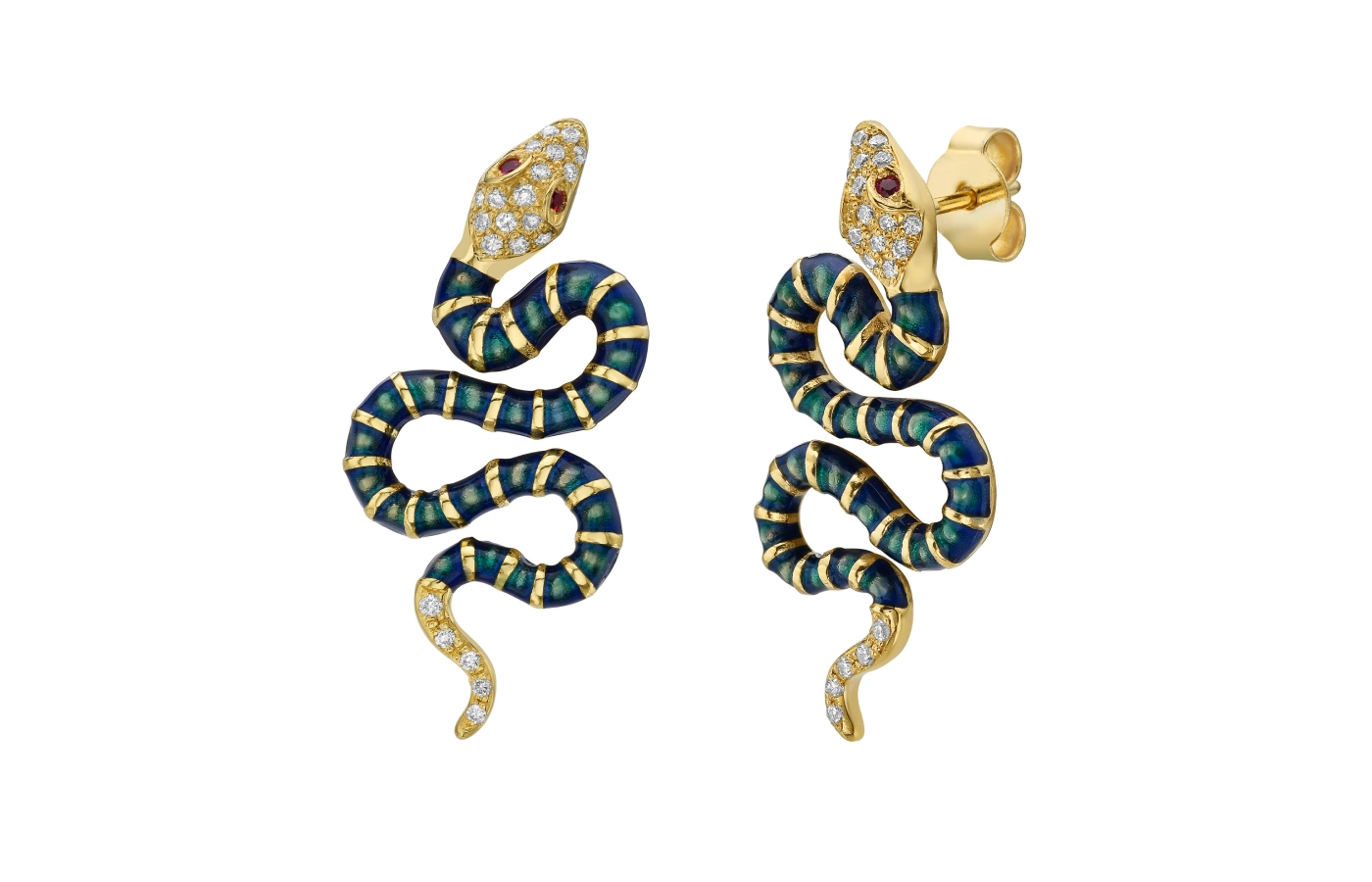  Lionheart Nouvelle Diamond Metallic Enamel Serpent earrings with diamonds, rubies and blue-green enamel in 18k yellow gold 