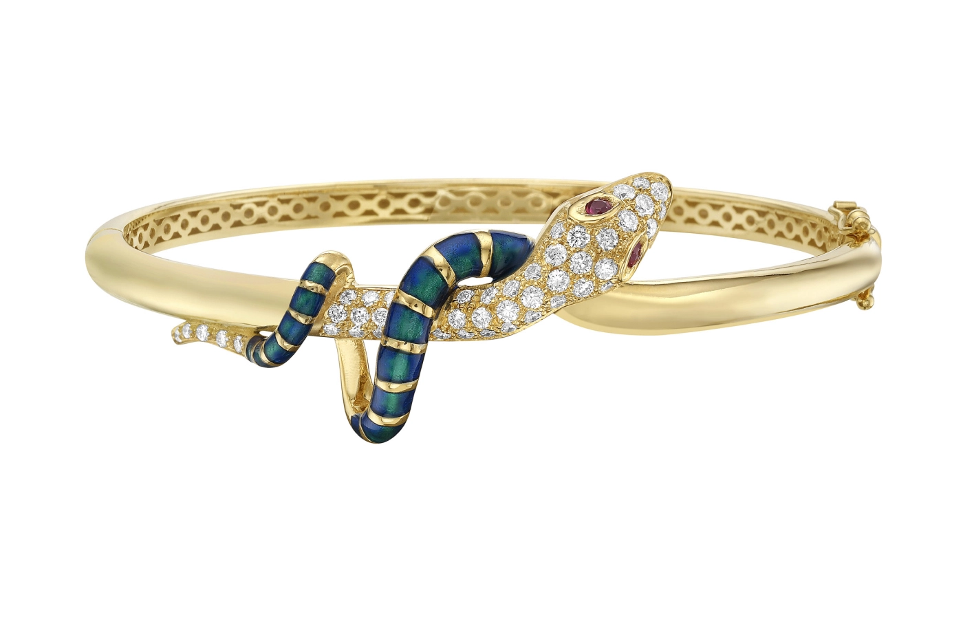  Lionheart Nouvelle Serpent Metallic bangle with diamonds, rubies and blue-green enamel in 18k yellow gold 