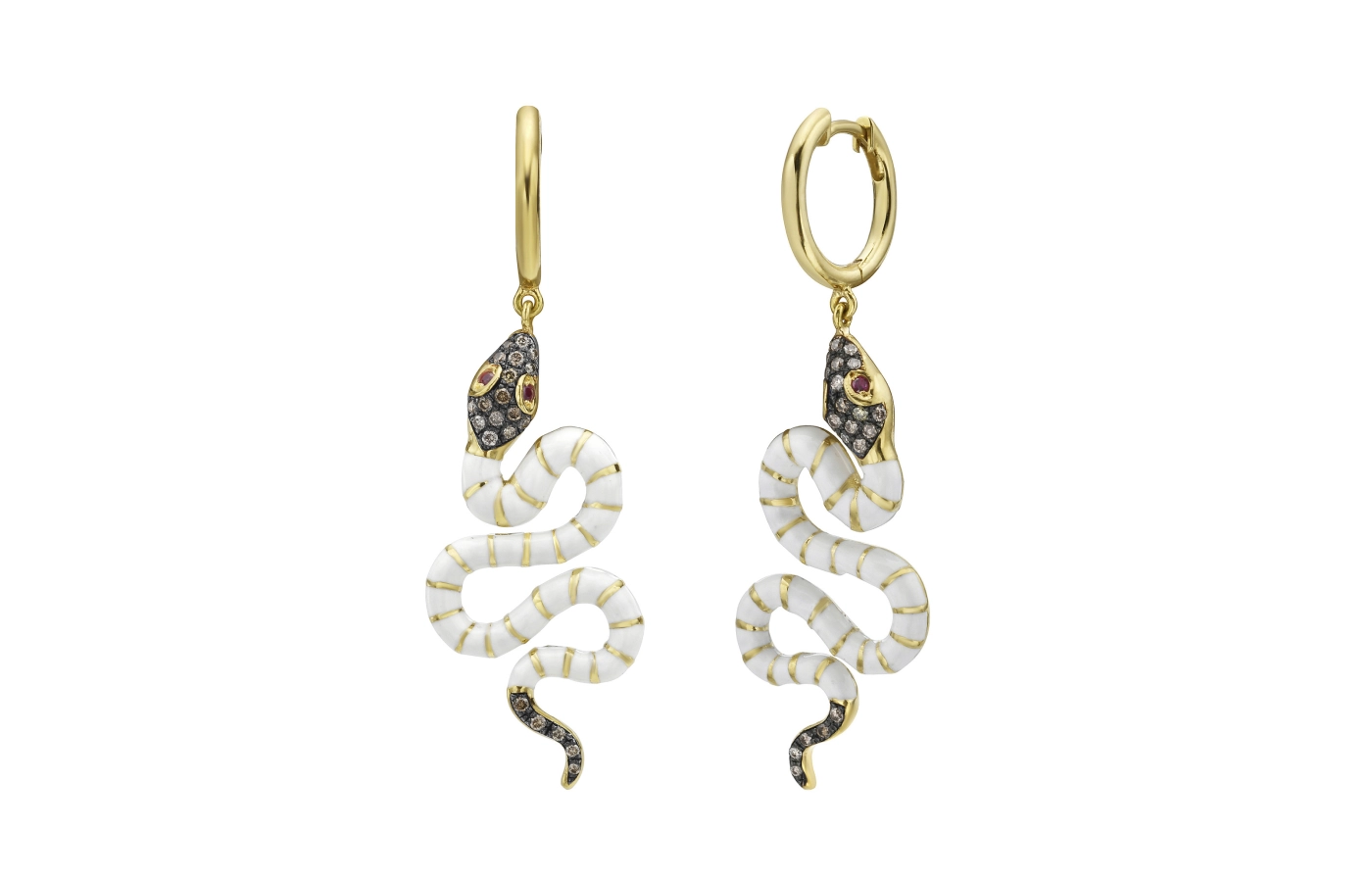  Lionheart Nouvelle Brown Diamond Dangle Enamel Serpent Huggie earrings with brown diamonds, rubies, and white enamel in 18k yellow gold 