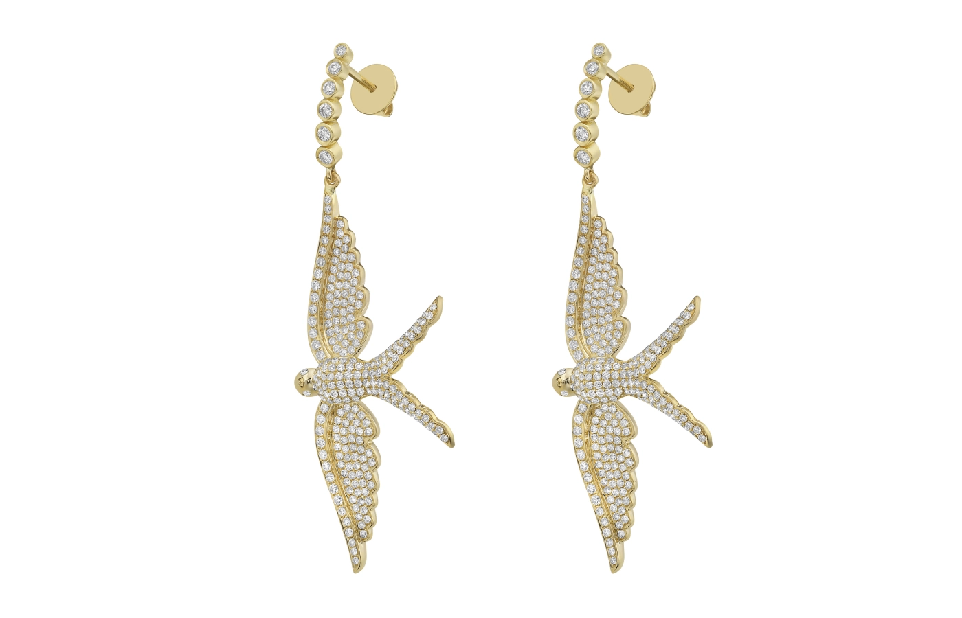  Lionheart Wings of Love Diamond Swallow Drop earrings with 2.15 carats of diamonds in 14k yellow gold 