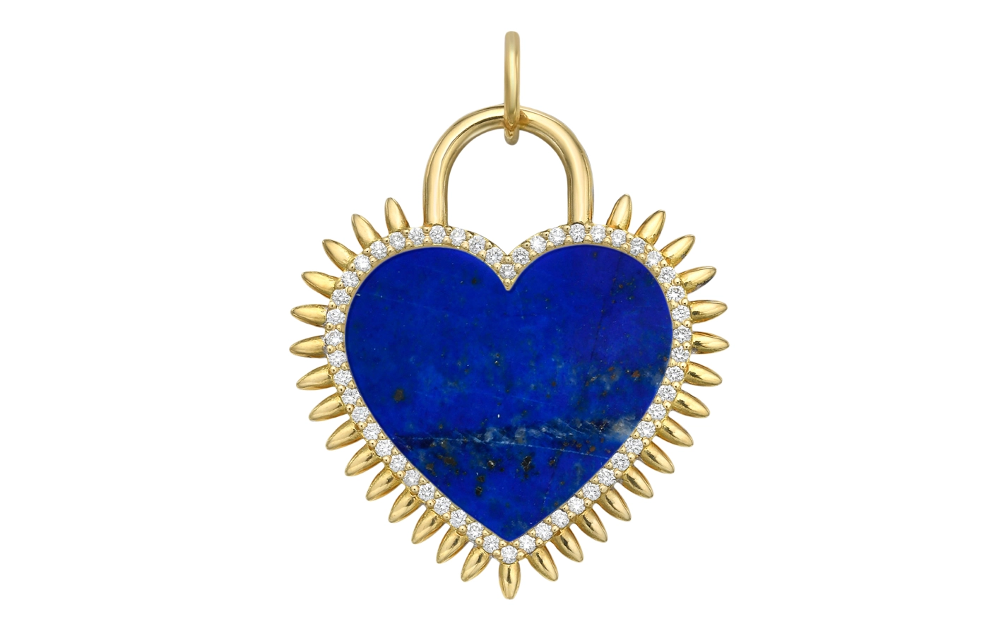  Lionheart Seasons Full Spiked Interchangeable Padlock Heart charm with lapis lazuli in the customer’s choice of 14k or 18k yellow gold 