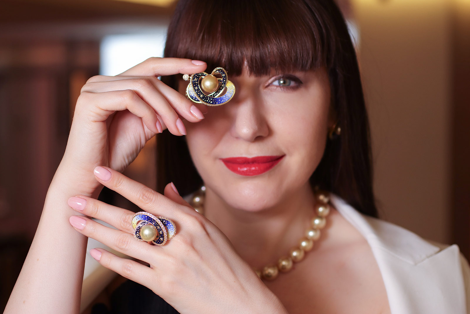  Katerina Perez wears the Sicis Saturno set with golden Australian South Sea pearls at the opening of the new Sicis boutique in Paris   