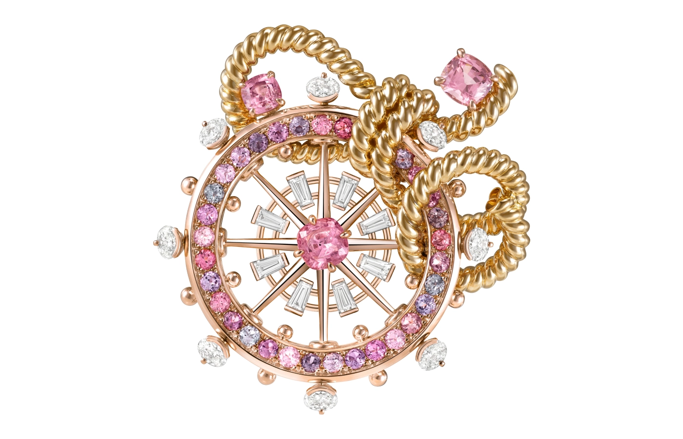  Smollett clip in rose and yellow gold, set with multi-coloured spinels and diamonds