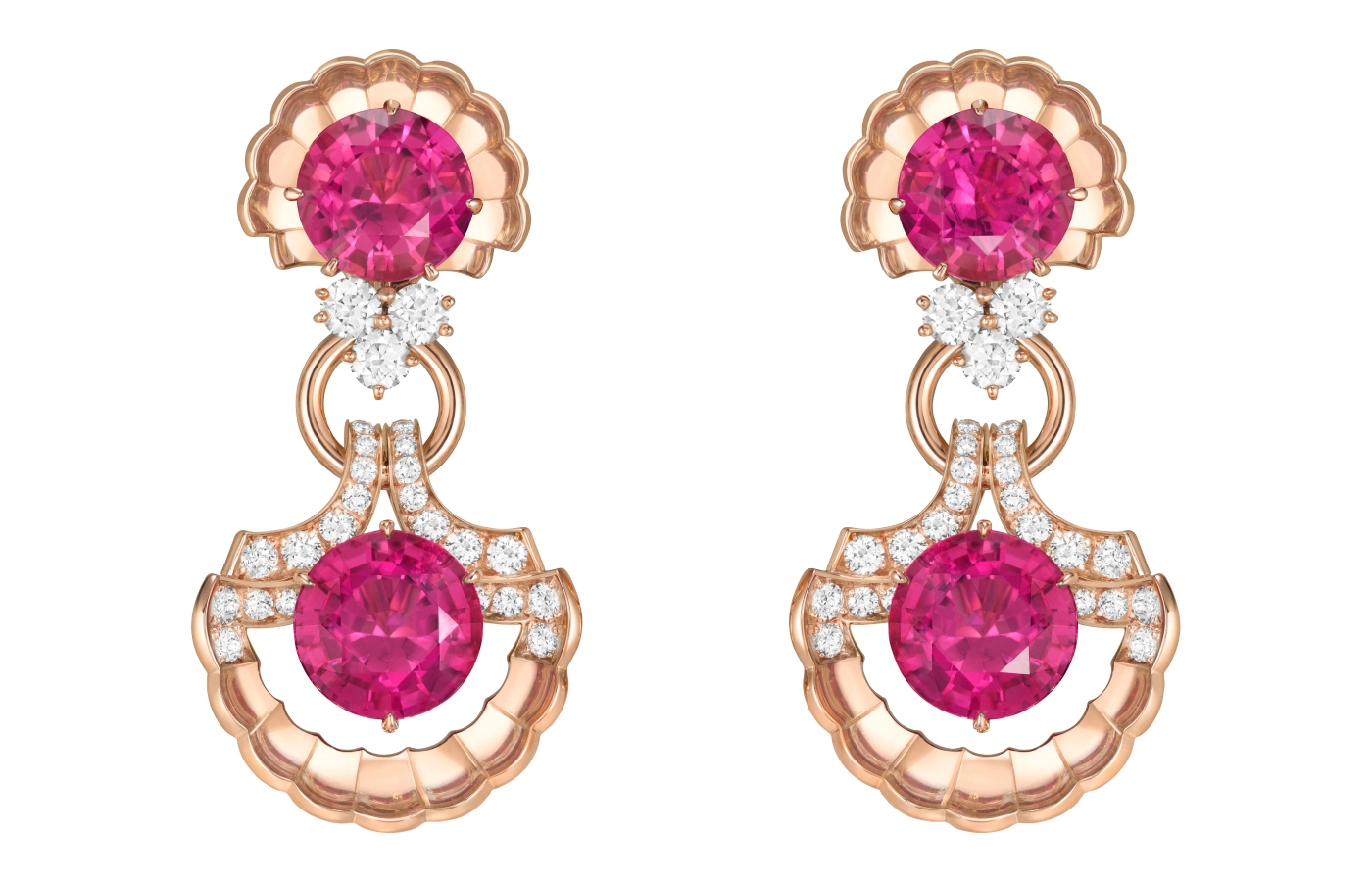  Coquilles merveilleuses earrings in rose gold, set with rubellites and diamonds