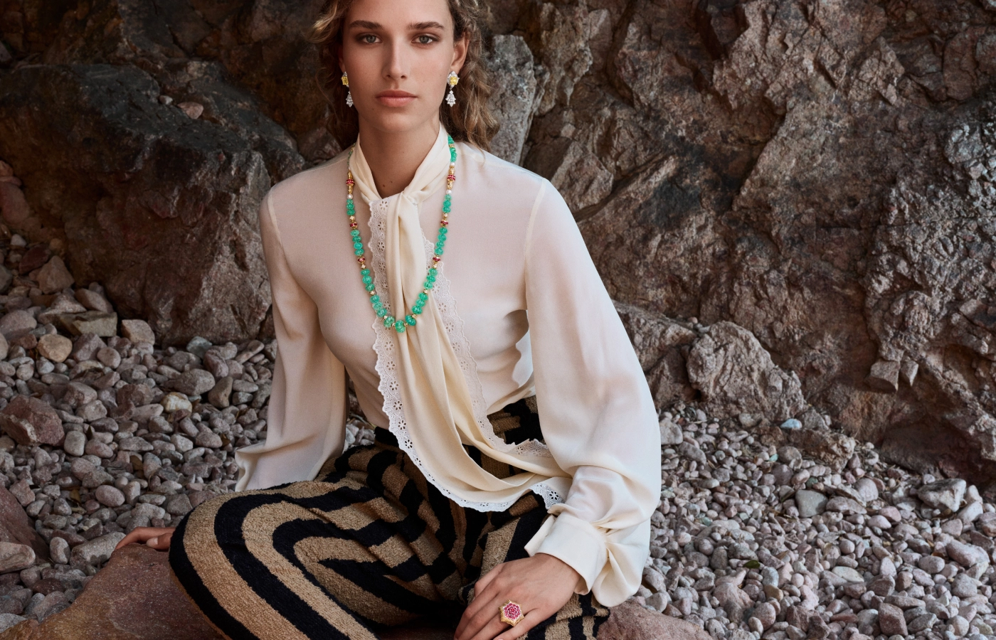  A model wears pieces from chapter 1 of Treasure Island, Van Cleef & Arpels' latest high jewellery collection
