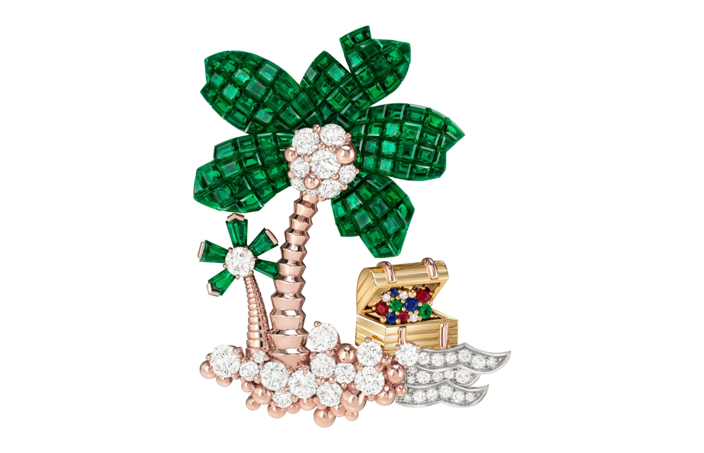 Featuring a Traditional Mystery Set palm tree, the treasure chest on the transformable Palmier Mystérieux brooch can be replaced with a rising sun and boat motif