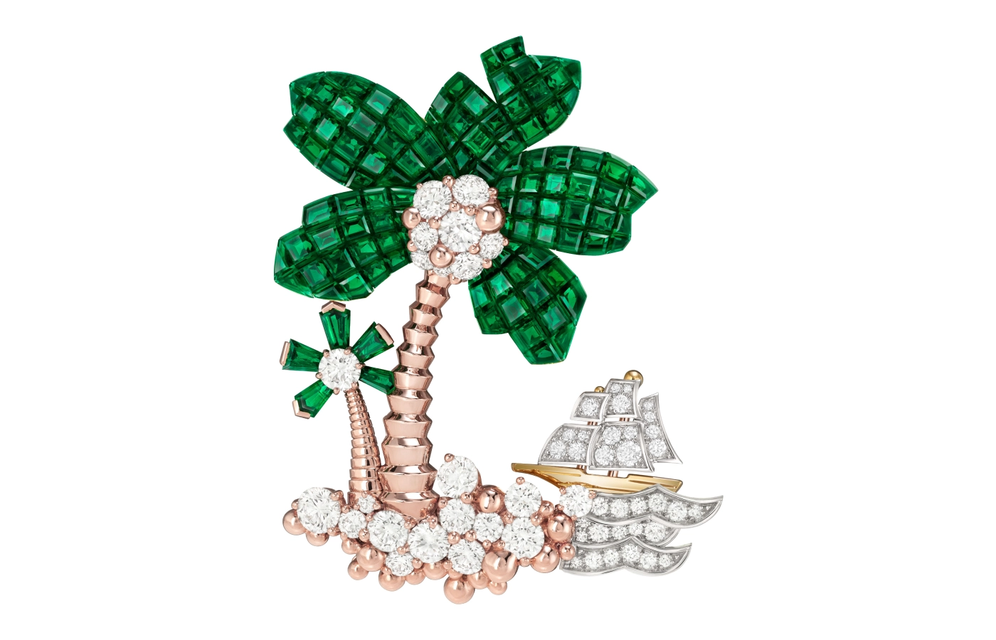  The transformable Palmier Mystérieux brooch with the removable diamond boat motif 
