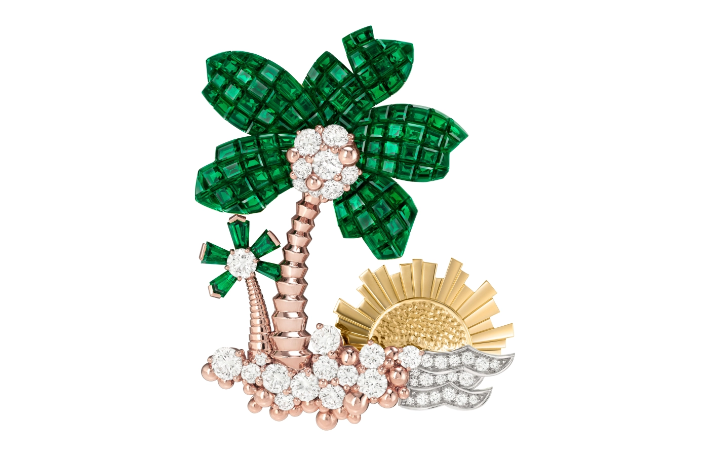  The transformable Palmier Mystérieux brooch with the removable rising sun motif 