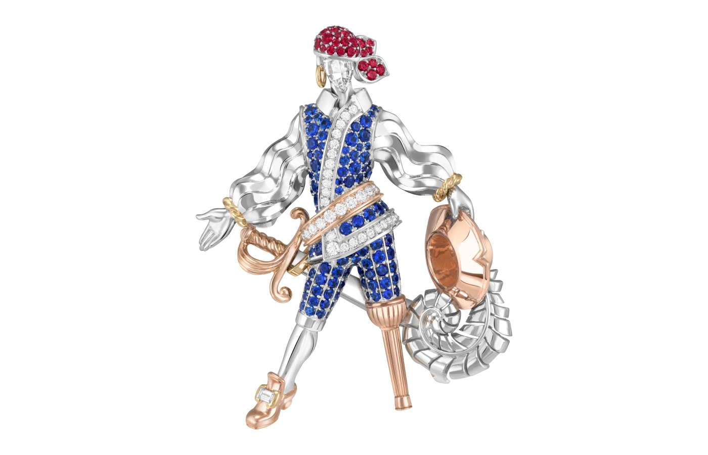  Van Cleef & Arpels Pirate John brooch in white, yellow and rose gold, set with rubies, sapphires and diamonds