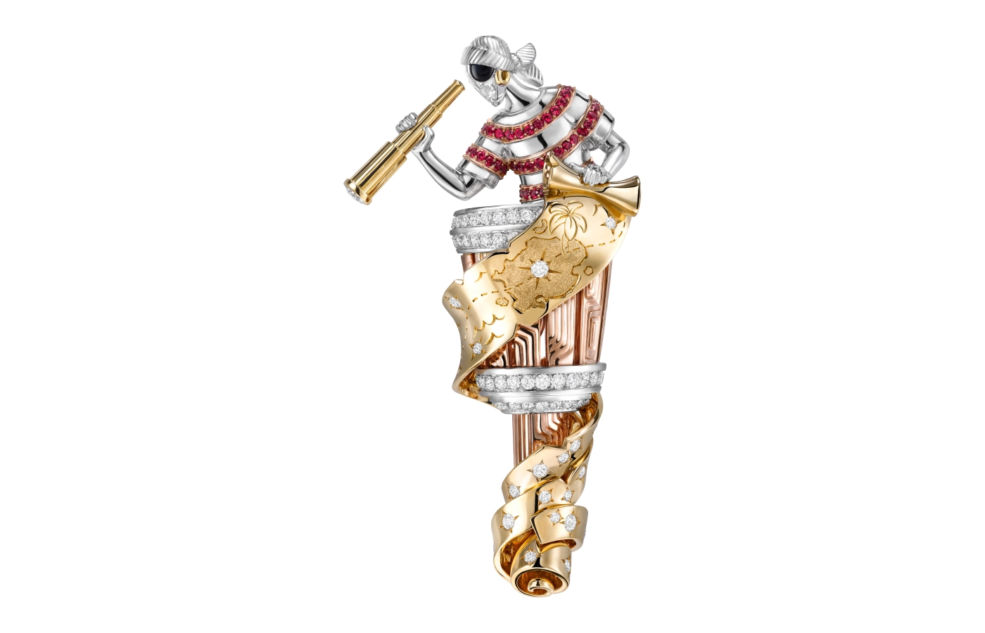  Van Cleef & Arpels Pirate Jim brooch in white, yellow and rose gold, with rubies, diamonds and black lacquer