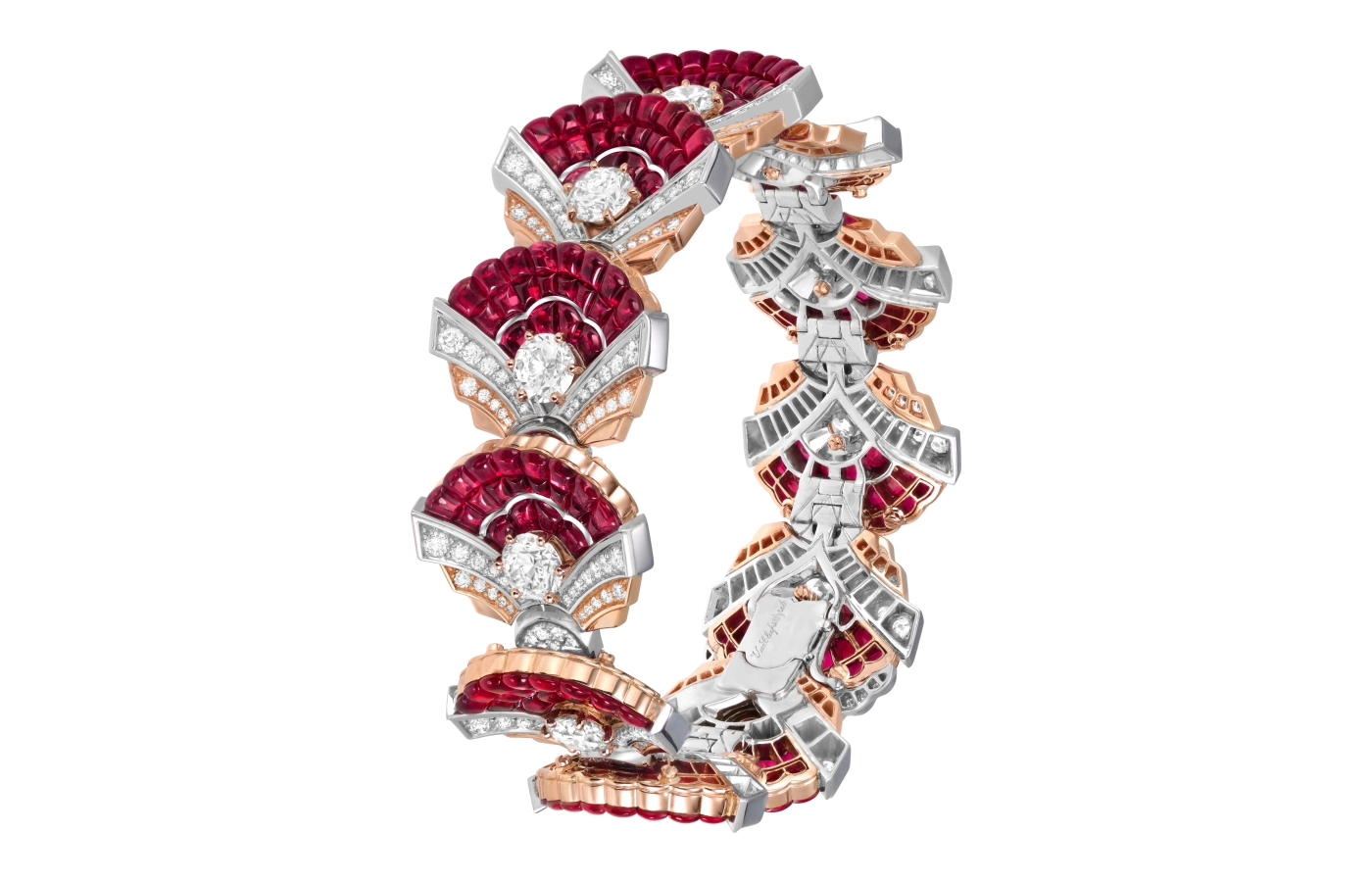  Coquilles Mystérieuses bracelet in white gold and rose gold, set with rubies and diamonds