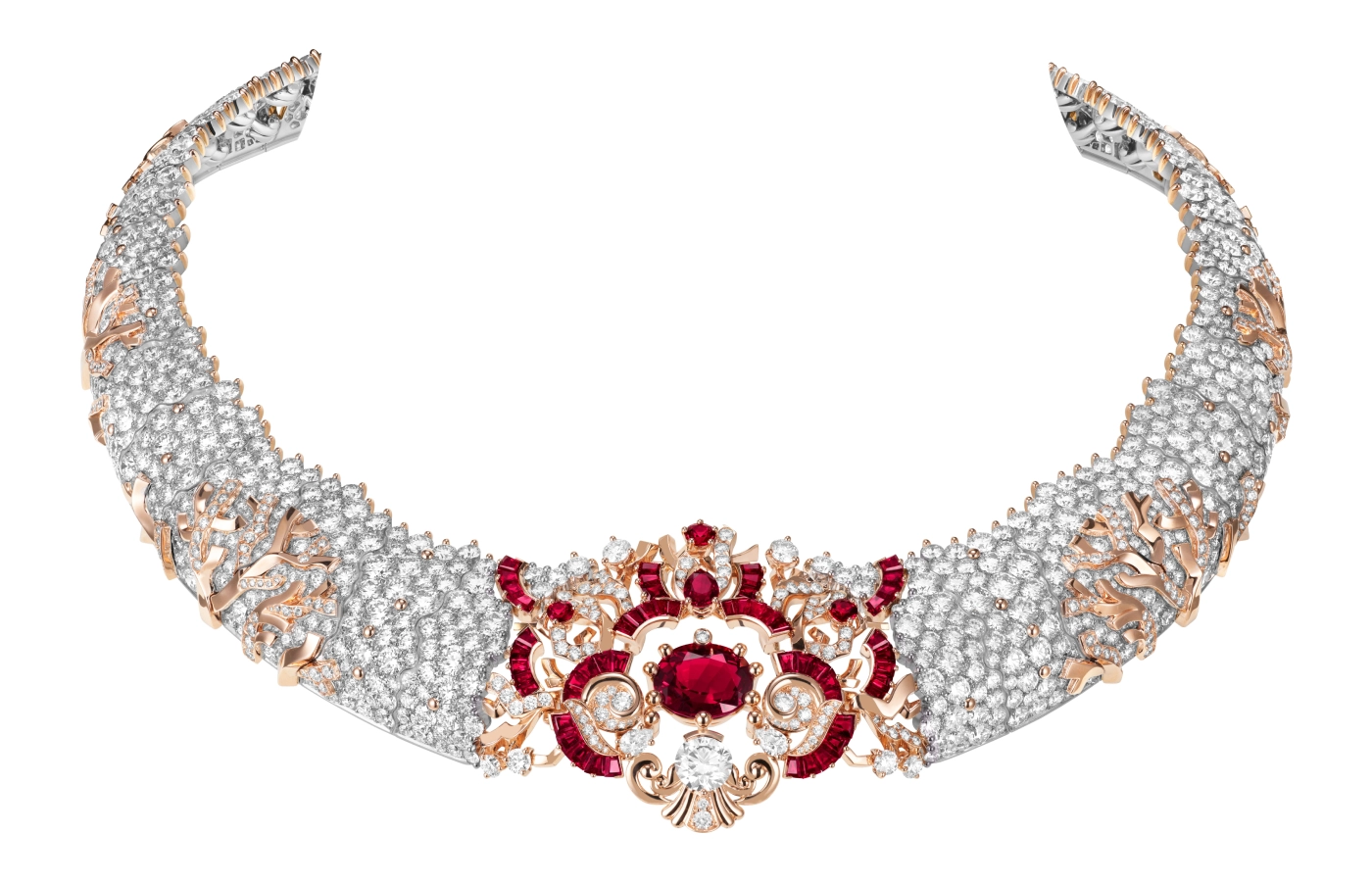 Récif Corallien necklace in rose and white gold, set with rubies and diamonds