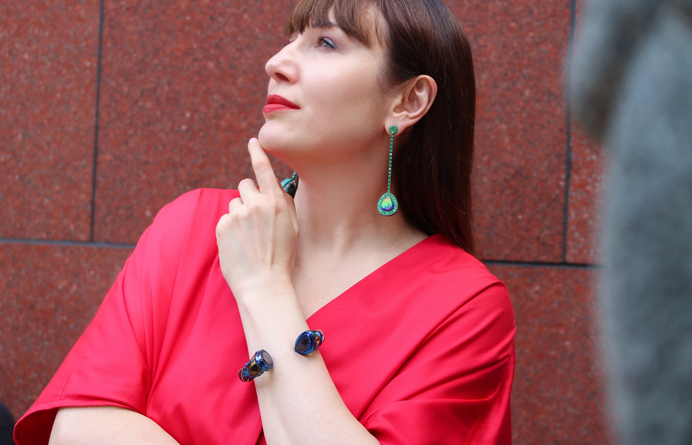 Katerina Perez wears the Susana Grau Batlle Evolution through Time ‘Time 2’ cuff and ‘Time 3’ earrings with ammolite, citrines, sapphires and green quartz set in titanium, part of the A Trilogy of Evolution High Jewellery collection