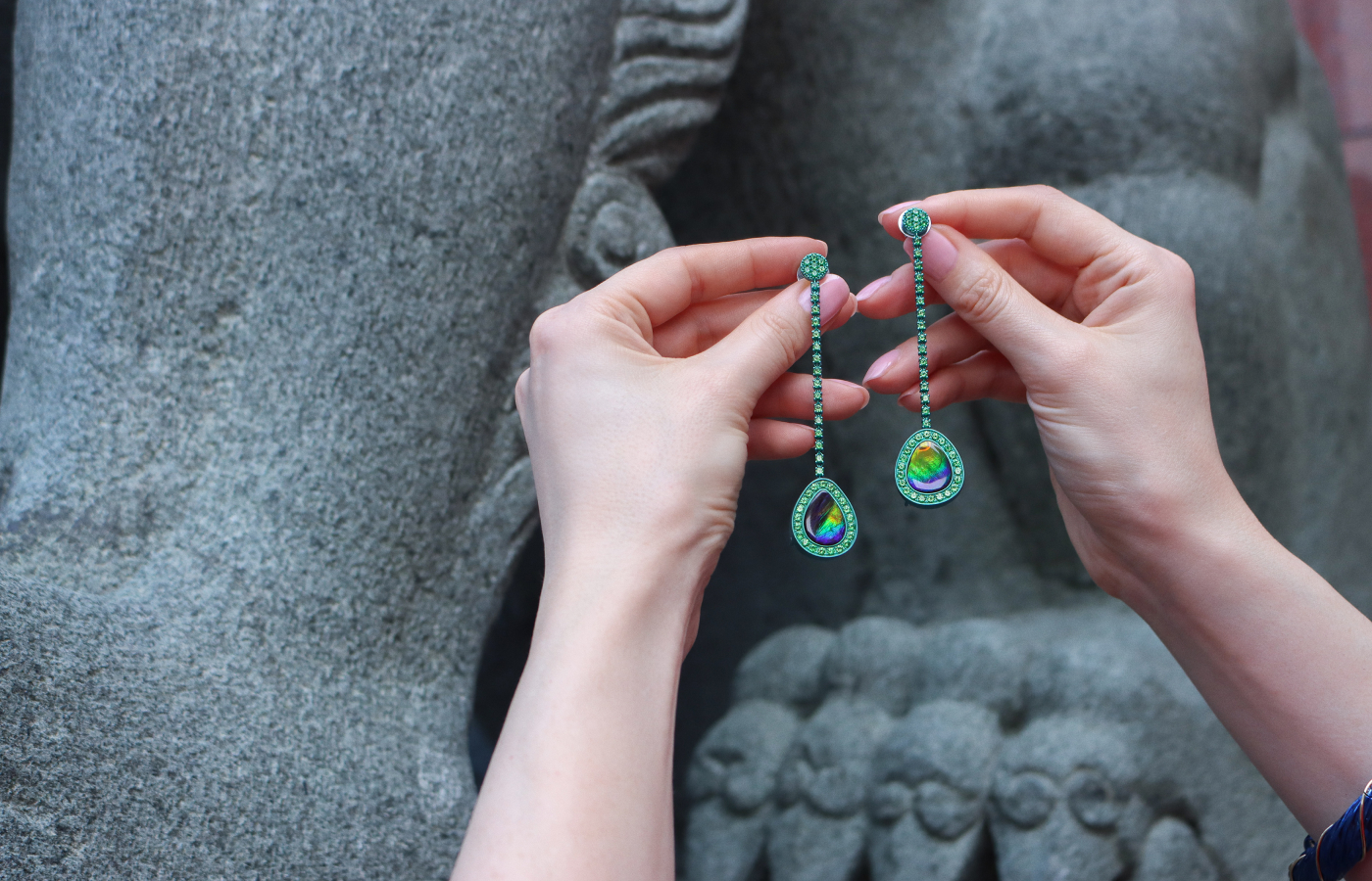 Susana Grau Batlle Evolution through Time ‘Time 3’ earrings with two ammolites of 14.09 carats, 57.46 carats of green quartz, and 32 round-cut green tsavorites set in titanium and 18k white gold, part of the A Trilogy of Evolution High Jewellery collection